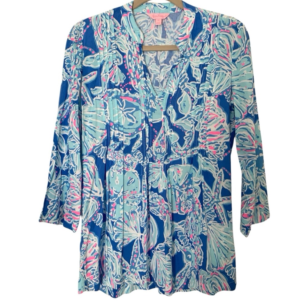 Lilly Pulitzer XS Blue Pink 100% Rayon Light Weight V Neck Summer Tunic Top